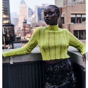 Fendi Neon Green Ribbed Turtleneck Crop Mohair Sweater IT 46 US 10